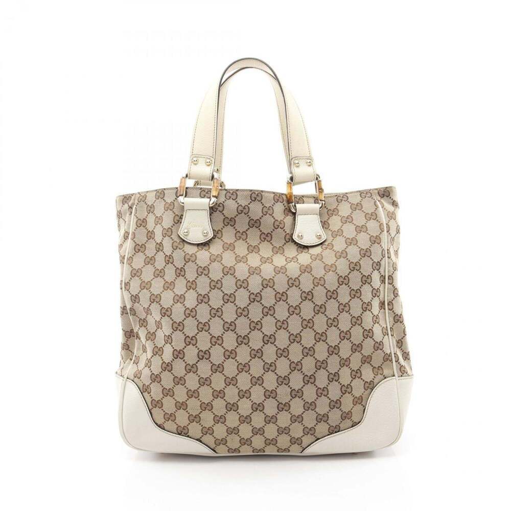 GUCCI Cream Leather Bamboo Tote Bag
